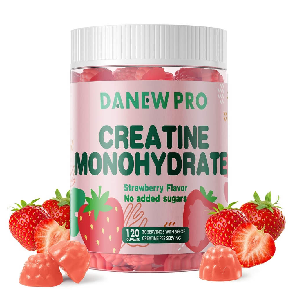 NSF Certified Creatin Gummy 5g - Creatin Monohydrat Gummies for Mænd & Kvinder, Creatin Monohydrat for Muscle Strength, Muscle Builder, Energy Boost, Pre- Workout Supplement (120 Count) -Jordbær