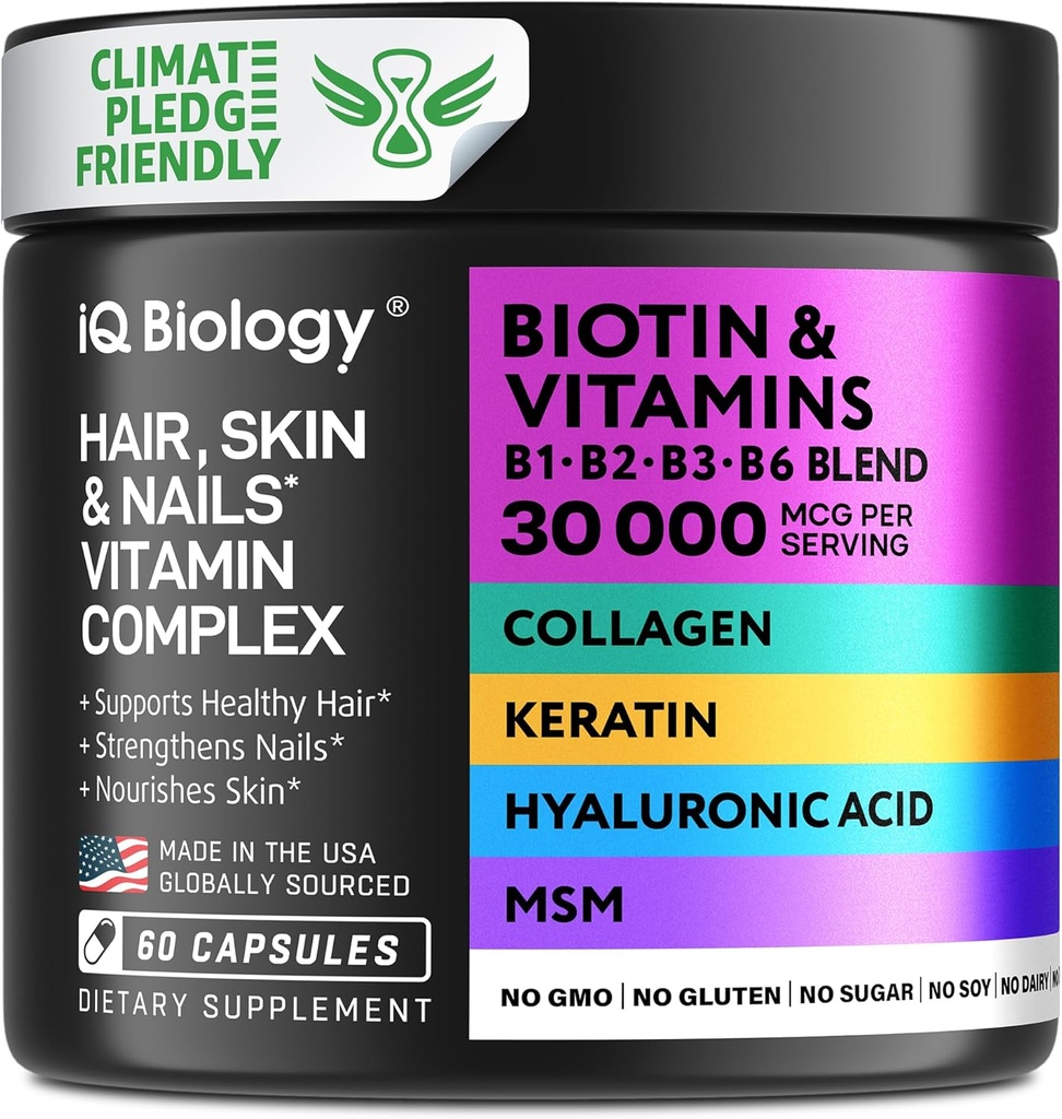 Biotin til hårvækst Kvinder & Mænd med Keratin, Collagen Complex 30000 mcg - Kapsler til hårtab & stærkere tykkelse - Hud og negle Vitaminer, Biotin 10000mcg og Collagen kosttilskud - 60 piller