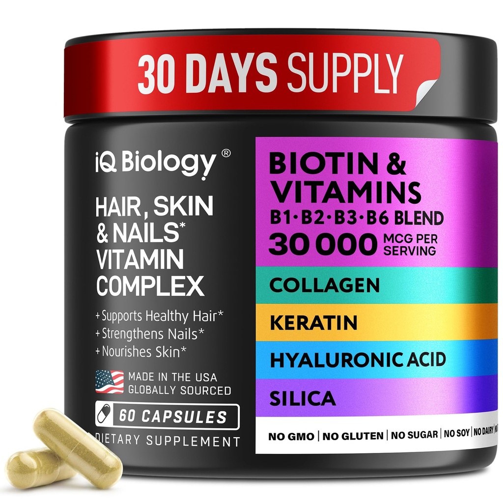 Biotin til hårvækst Kvinder & Mænd med Keratin, Collagen Complex 30000 mcg - Kapsler til hårtab & stærkere tykkelse - Hud og negle Vitaminer, Biotin 10000mcg og Collagen kosttilskud - 60 piller
