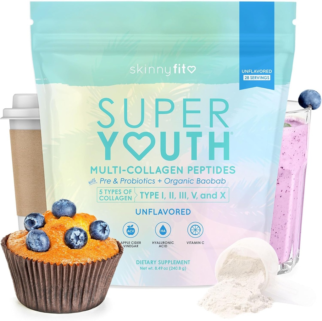 SkinnyFit - Super Youth Collagen for Women - Multi Collagen Peptider Powder - Probiotika, Fiber, Hyaluronsyre - Ikke GMO, Gluten Free, Sugar Free - Beauty & Self Care - Unflavored (28 Servere)