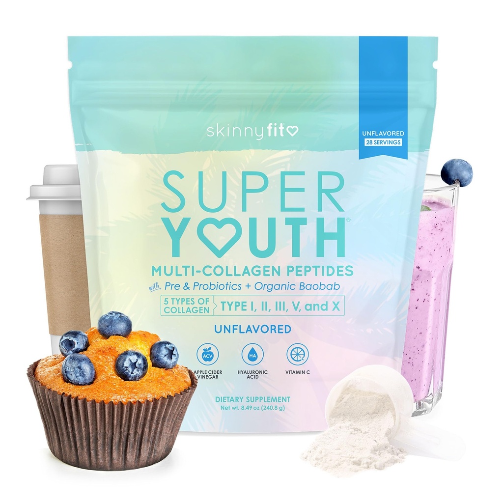 SkinnyFit - Super Youth Collagen for Women - Multi Collagen Peptider Powder - Probiotika, Fiber, Hyaluronsyre - Ikke GMO, Gluten Free, Sugar Free - Beauty & Self Care - Unflavored (28 Servere)