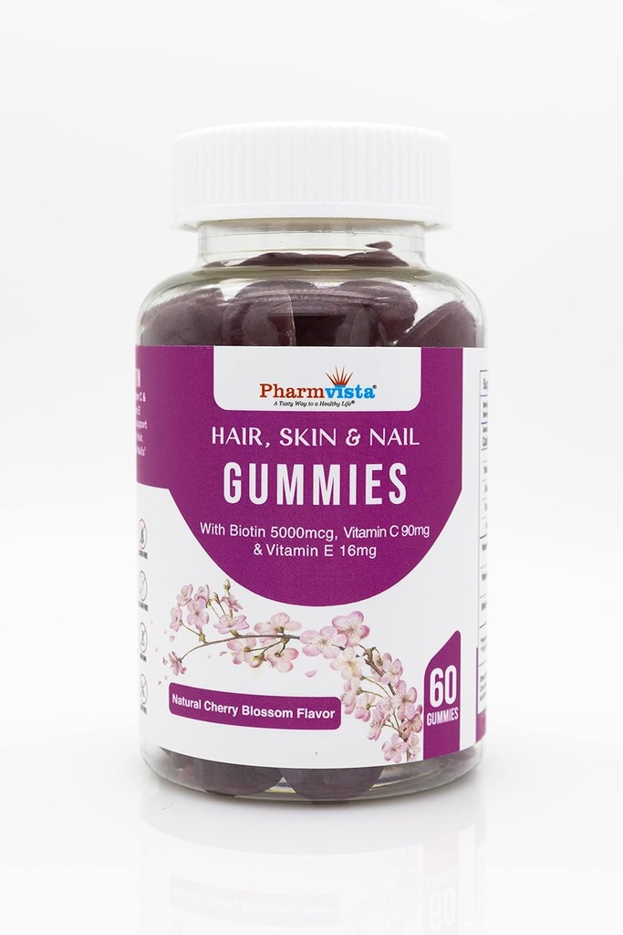 Hair Skin & Nail Vitamin Gummies with Biotin Vitamin C and E -Vegan Gluten Free & Non-GMO Ingredients -60 Count