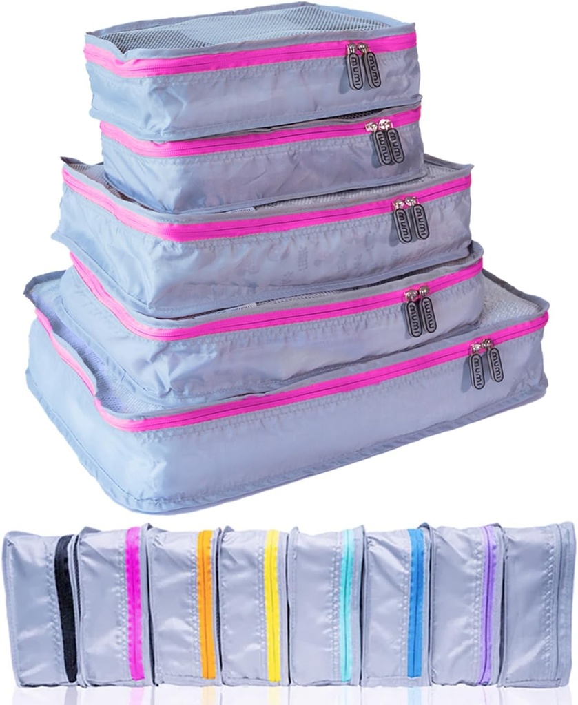 MUMI Packing Cubes - 5 -Piece Compression Packing Cubes for Travel, Bagage Arrangører for Suitcases, Carry- On Tasker, Backpacks og Duffel Tasker - Space-Saving Travel Essentials - Pink