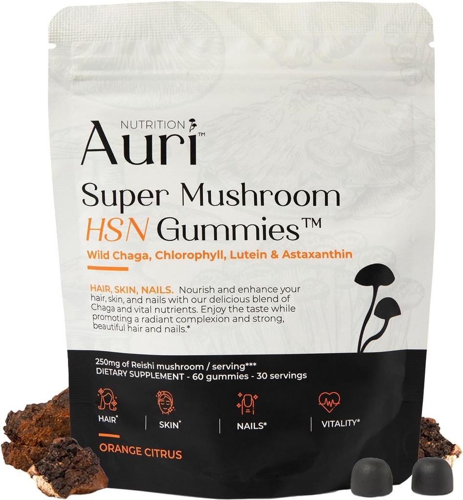 Auri Super Mushroom HSN Gummies - Hår Hud og negle Gummies Funktionelle Svampe supplement - med Wild Chaga, Chlorophyll, Lutein og Astaxanthin - 60 Orange Citrus Gummies