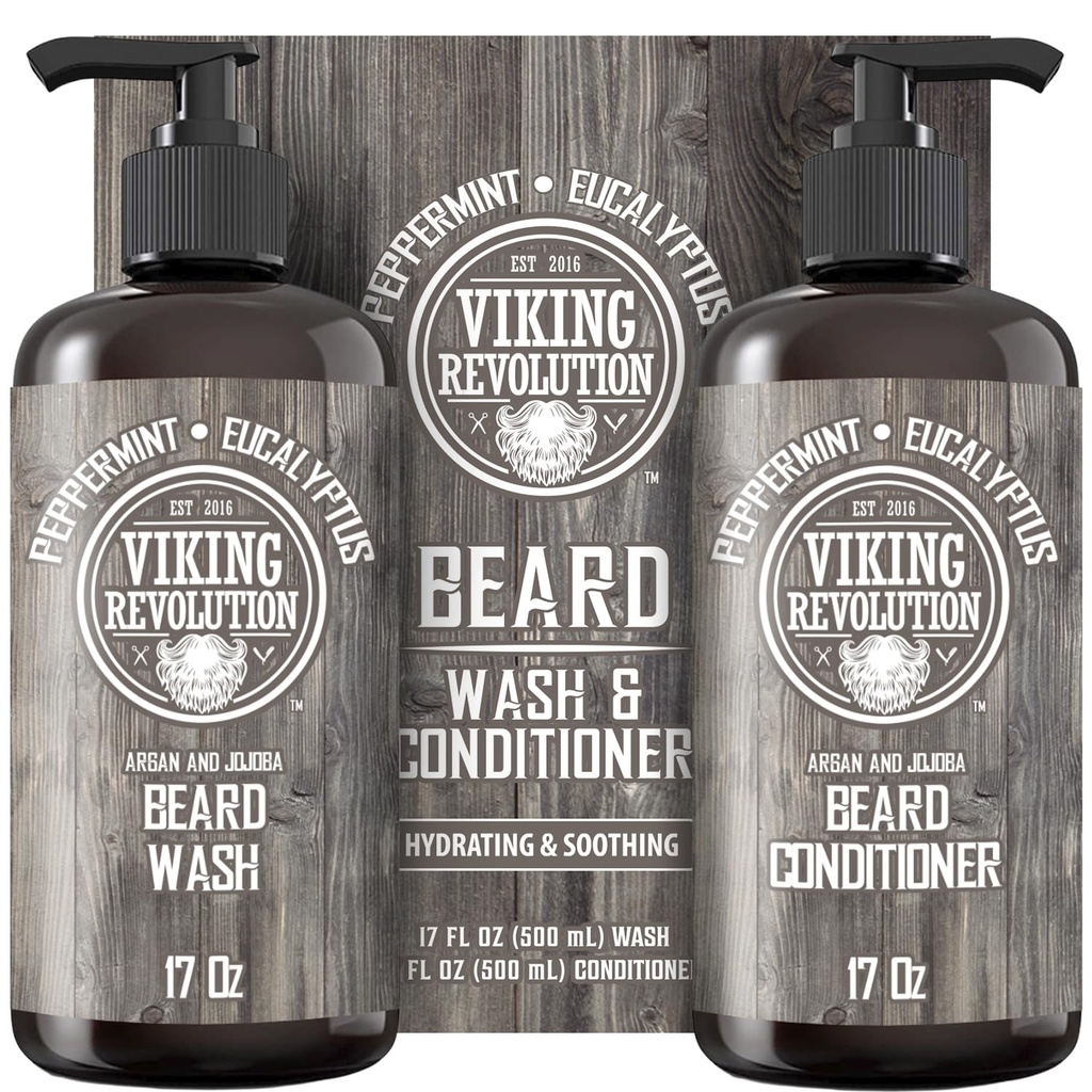 Viking Revolution Beard Wash & Conditioner sæt w / Argan & Jojoba Oliils - Softens, Smooths & Stronthers Beard Growth - Natural Peppermint og Eucalyptus Duft - Shampoo (17 oz)