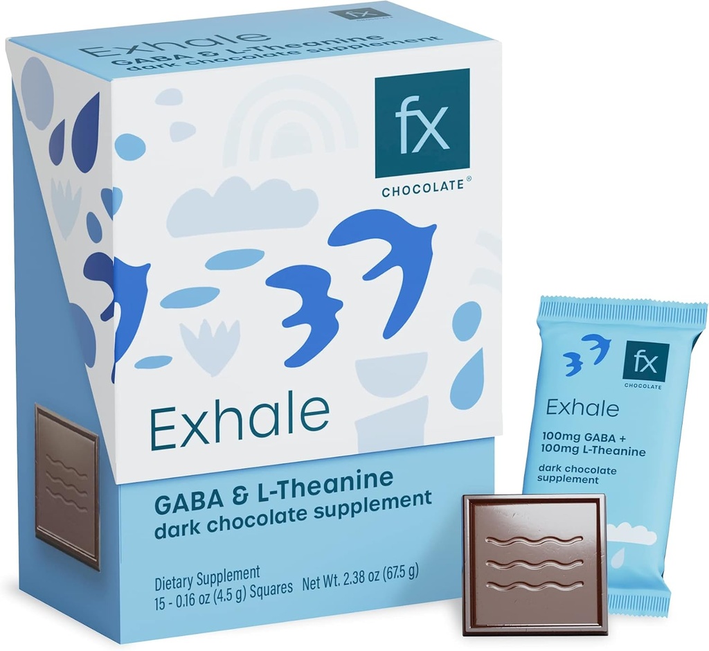 Fx Chocolate Exhale - Afslappende chokolade supplement til støtte rolig + stress reaktion - Sukker Free Cacao med 100 mg GABA + 100 mg L- Theanine - Keto Dark Chocolate - Vegan + Non- GMO (Æske af 15)
