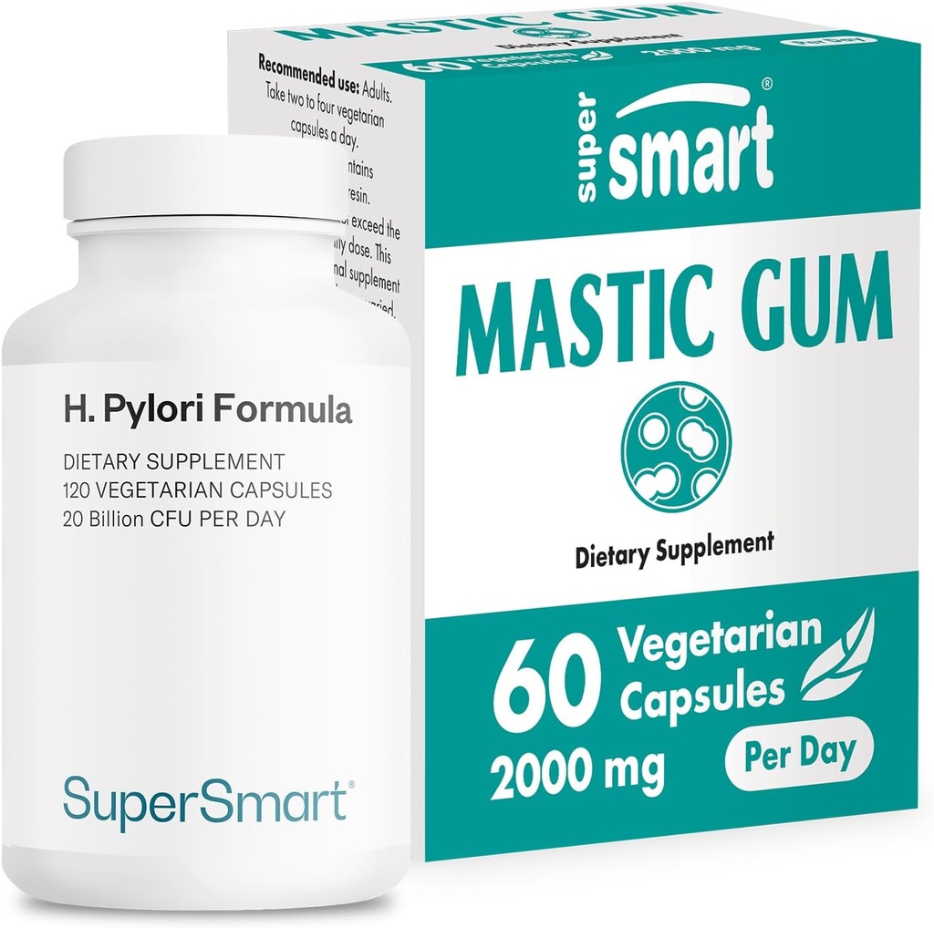 Supersmart - H. Pylori Formel Bundle (Complete Action) - Probiotic L. Reuteri w / Mastic Gum - 124; Non- GMO & Gluten Free - 60x2 & 120 Vegetariske kapsler