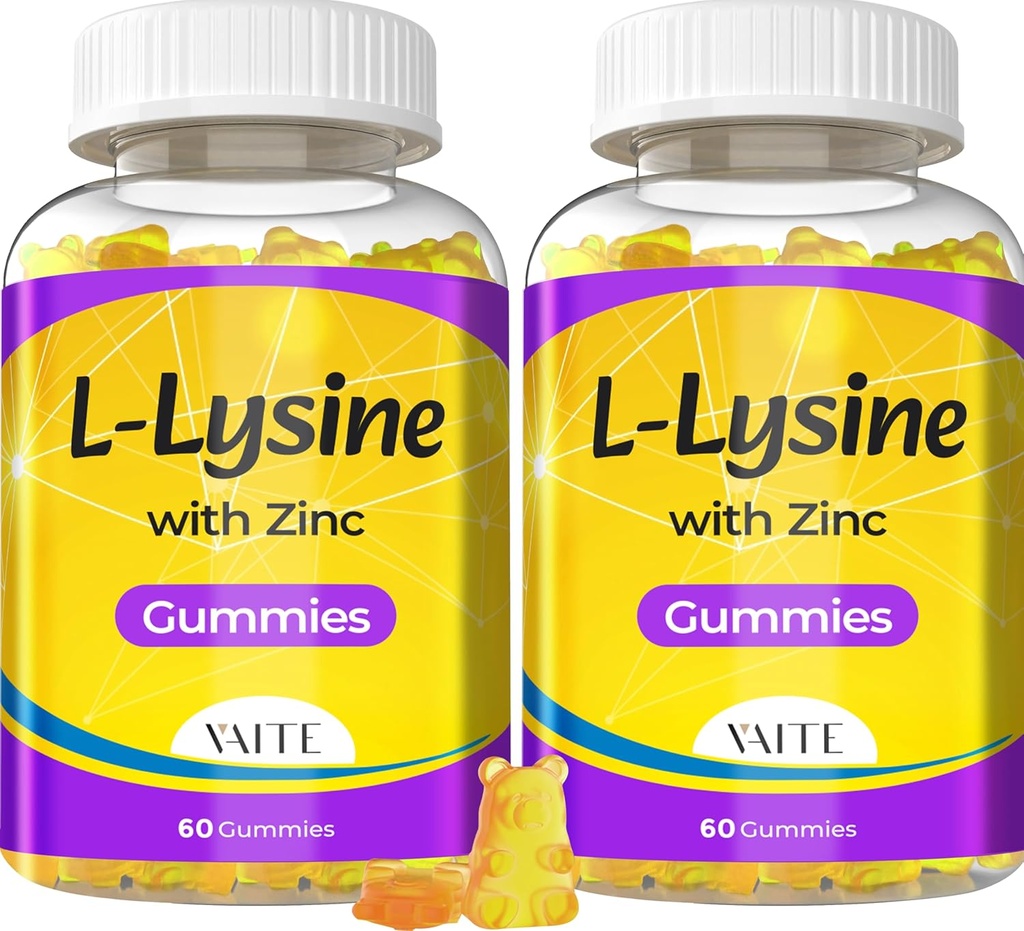 L Lysin Gummies 1000mg med zink - Understøtter hud, Lip, Vegan, Gluten Free, 60 Chewable L- Lysin for voksne, Vitaminer Tissue Health & Immunsystem, Amino Acid & Complex Kosttilskud, Non-GMO (2Pack)