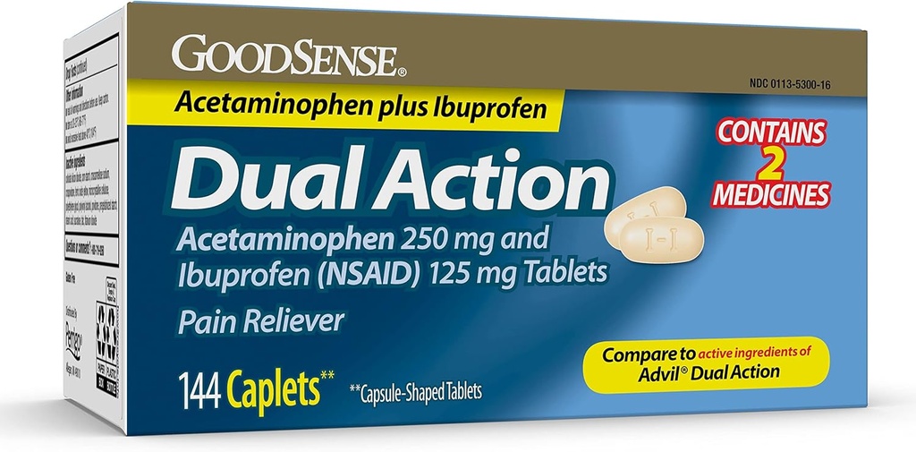 GoodSense Dual Action Acetaminophen 250 mg og Ibuprofen (NSAID) 125 mg tabletter, smertelindring for hovedpine Relief, arthritis Pain Relief og mere, 144 Tæl