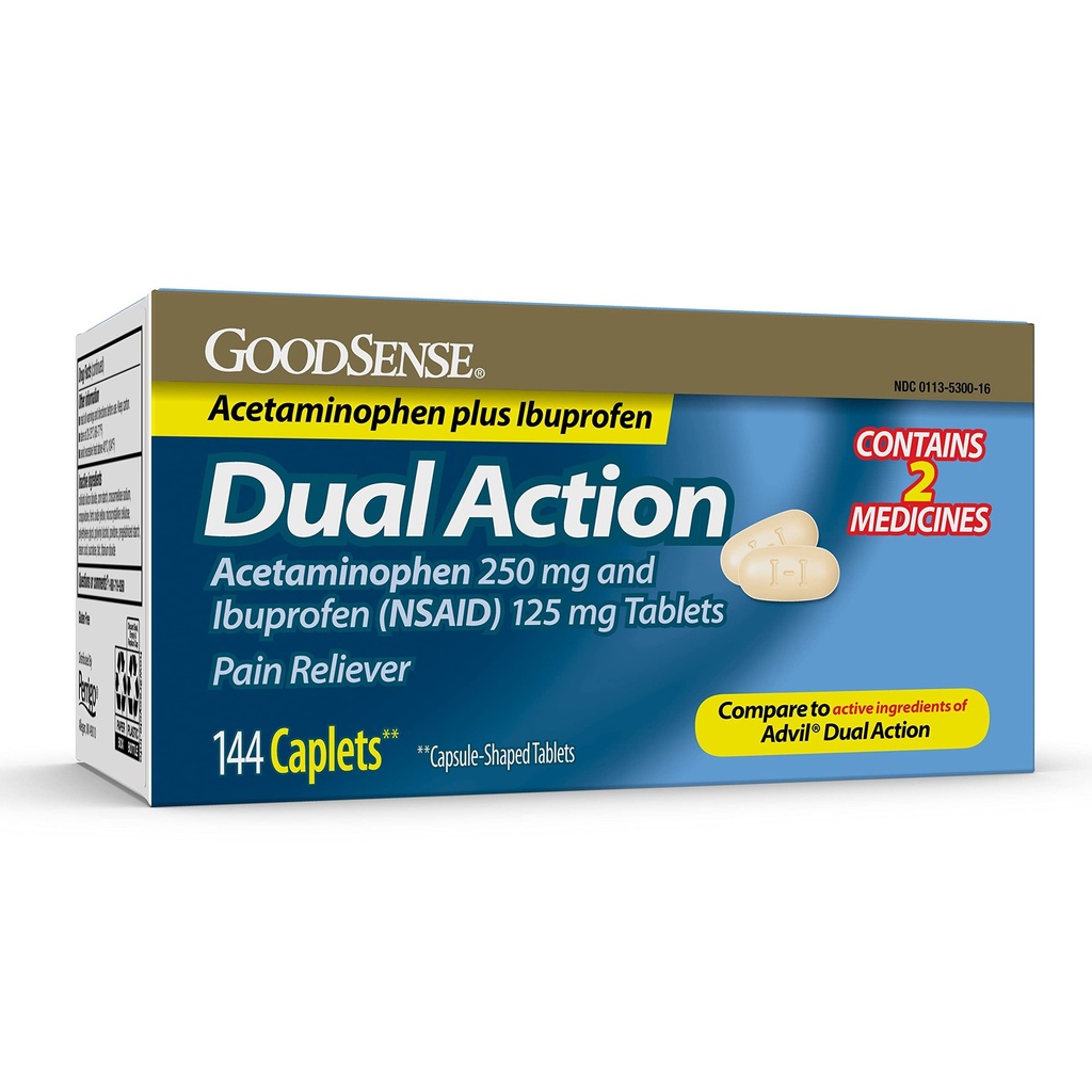 GoodSense Dual Action Acetaminophen 250 mg og Ibuprofen (NSAID) 125 mg tabletter, smertelindring for hovedpine Relief, arthritis Pain Relief og mere, 144 Tæl