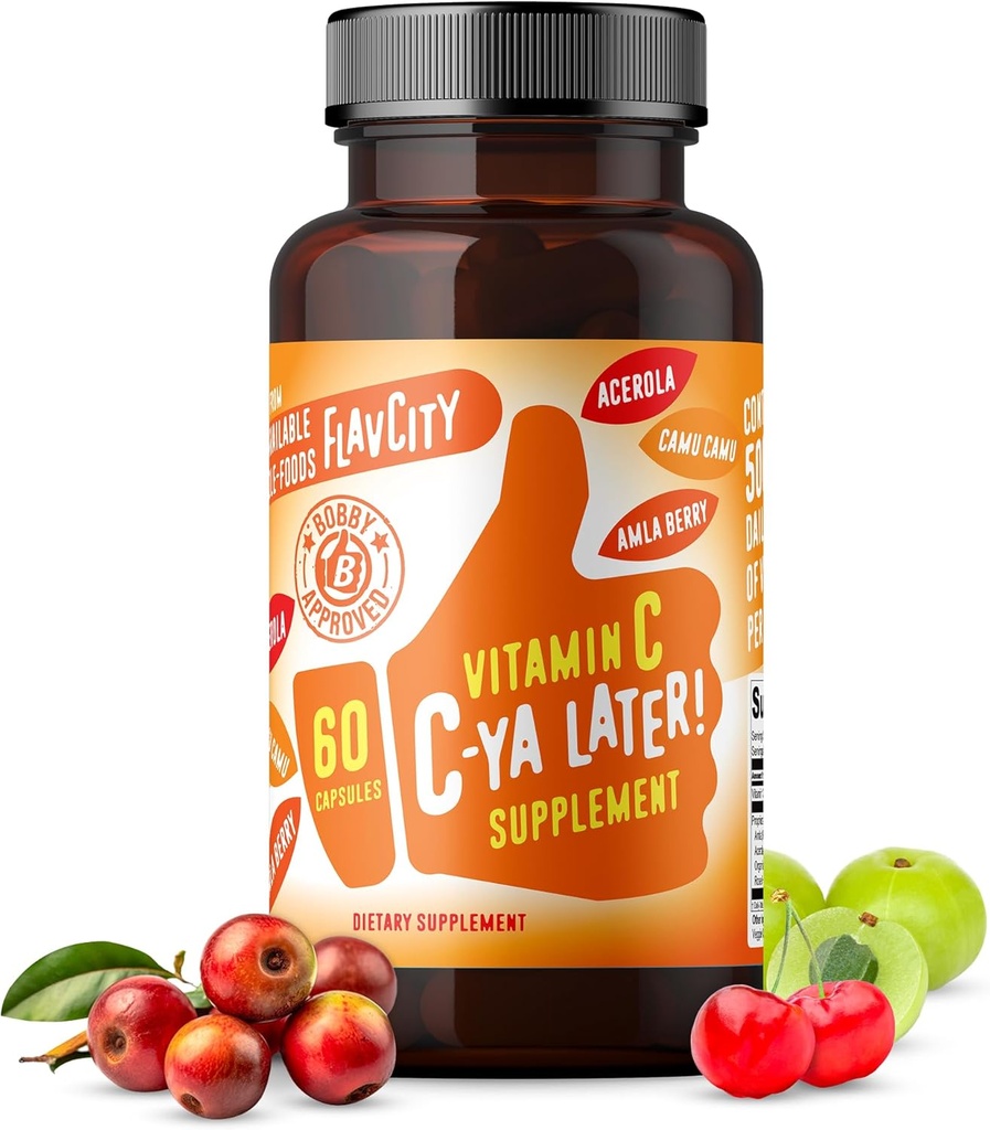 FlavCity C-vitamin, C-Ya senere! Superfood-Derived Immunity Support - Biotilgængelig vitamin C immunstøtte fra Acerola Cherry, Rose HIPS & Camu Camu - 500% Daglig værdi (60 kapsler)