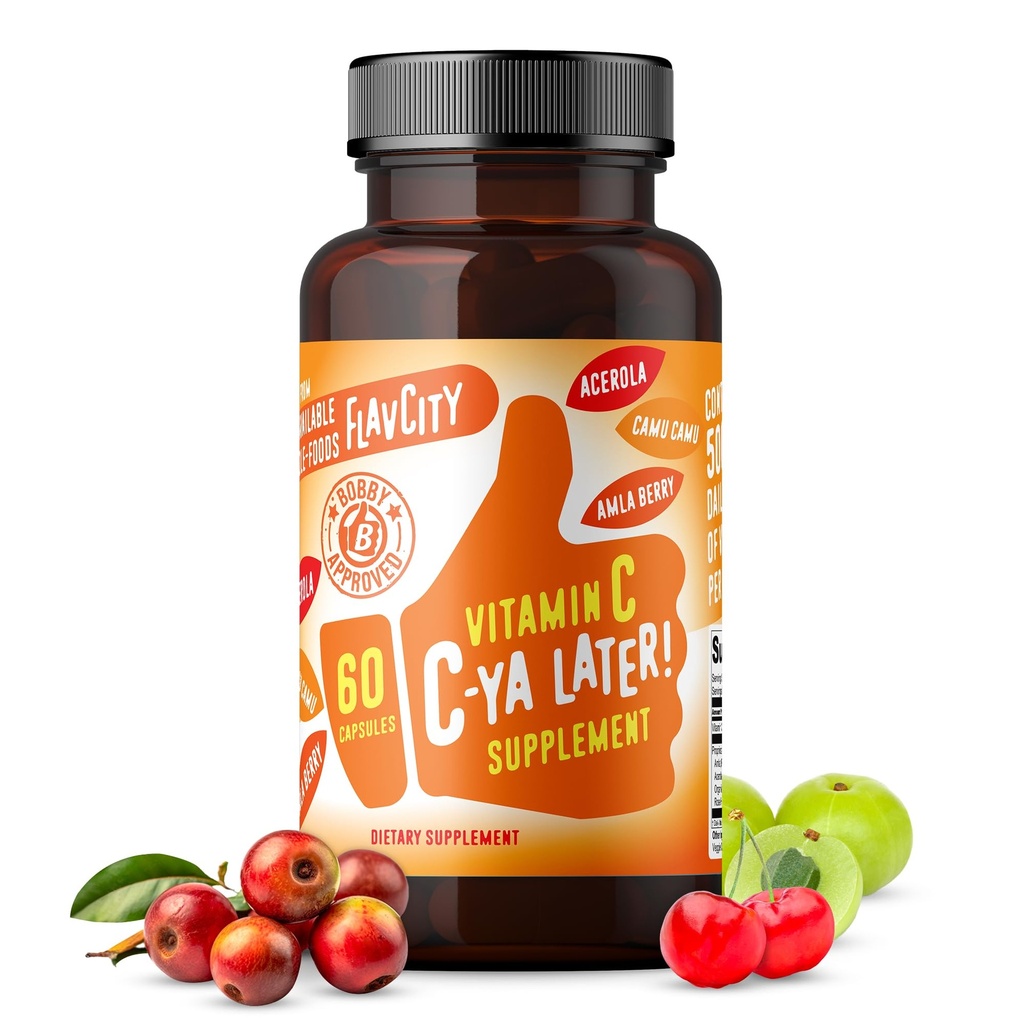 FlavCity C-vitamin, C-Ya senere! Superfood-Derived Immunity Support - Biotilgængelig vitamin C immunstøtte fra Acerola Cherry, Rose HIPS & Camu Camu - 500% Daglig værdi (60 kapsler)