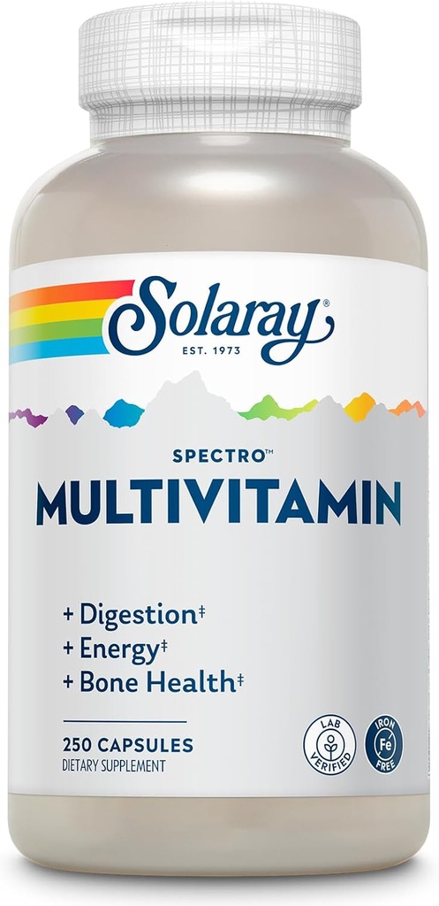 SOLARAY Spectro Multivitamin, Jernfri - Multi Vitamin w / Calcium, Magnesium, Energigivende Grønne, fordøjelsesfremmende enzymer - fordøjelse, Cellular Energy, Knoglesundhed, immunforsvar, 41 Servere, 250 Kapsler