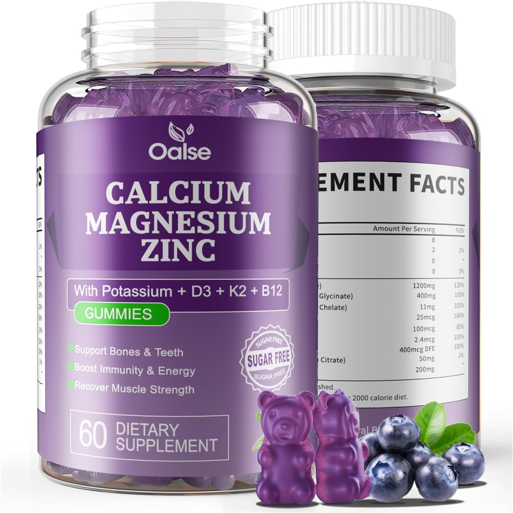 Calcium Magnesium Zinc Gummies with Vitamin D3 & K2-High Absorption Magnesium Glycinate-Muscles, Immune & Sleep Support-Sugar Free- Blueberry Flavored (1 Pack)