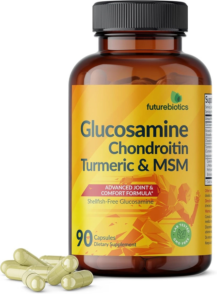 Futurebiotika Glucosamine Chondroitin Gurkemeje & MSM Advanced Joint Formel, understøtter sunde Joints & Mobility - Non-GMO, 90 kapsler