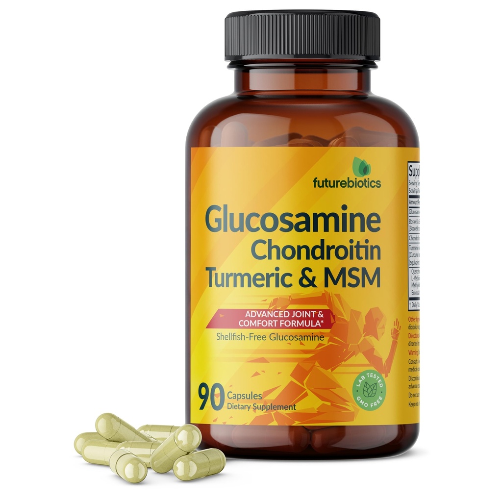 Futurebiotika Glucosamine Chondroitin Gurkemeje & MSM Advanced Joint Formel, understøtter sunde Joints & Mobility - Non-GMO, 90 kapsler