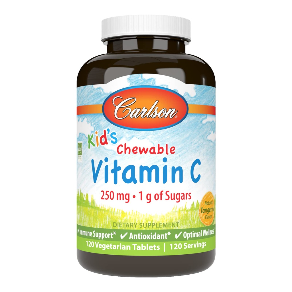 Carlson - Kid 's Chewable C-vitamin, 250 mg, 1 g sukkerarter, immunforsvar og optimal wellness, antioxidant, tangerin, 120 vegetariske tabletter