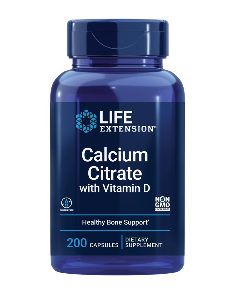 Life Extension Calcium Citrat med D-vitamin, Super- absorberbar Calcium til støtte Optimal Knoglesundhed, Gluten- fri, Non- GMO, 200 kapsler