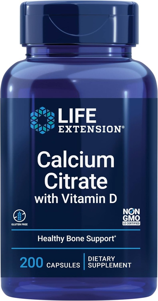 Life Extension Calcium Citrat med D-vitamin, Super- absorberbar Calcium til støtte Optimal Knoglesundhed, Gluten- fri, Non- GMO, 200 kapsler