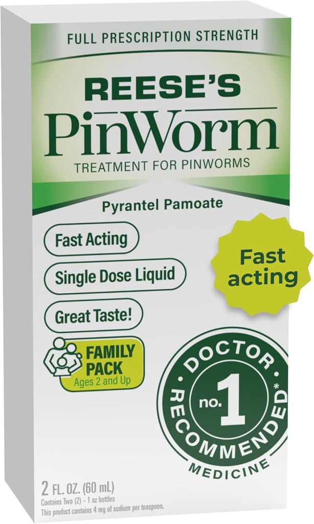 REESE'S PINWORM Medicine Liquid for Entire Family, Full Prescription Strength, 2 Oz, #1 Doctor Recommended Single Dose Pyrantel Pamoate Dewormer for Adults & Kids Ages 2+, Banana Flavor