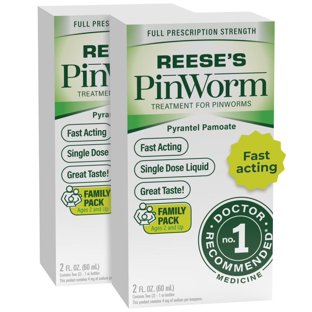 REESE 'S PINWORM Medicine Flydende til hele familien, Fuld præsentationsstyrke, 2 Oz, # 1 Doctor Anbefalet enkeltdosis Pyrantel Pamoat Dewormer for voksne & børn alder 2 +, Banana Flavor