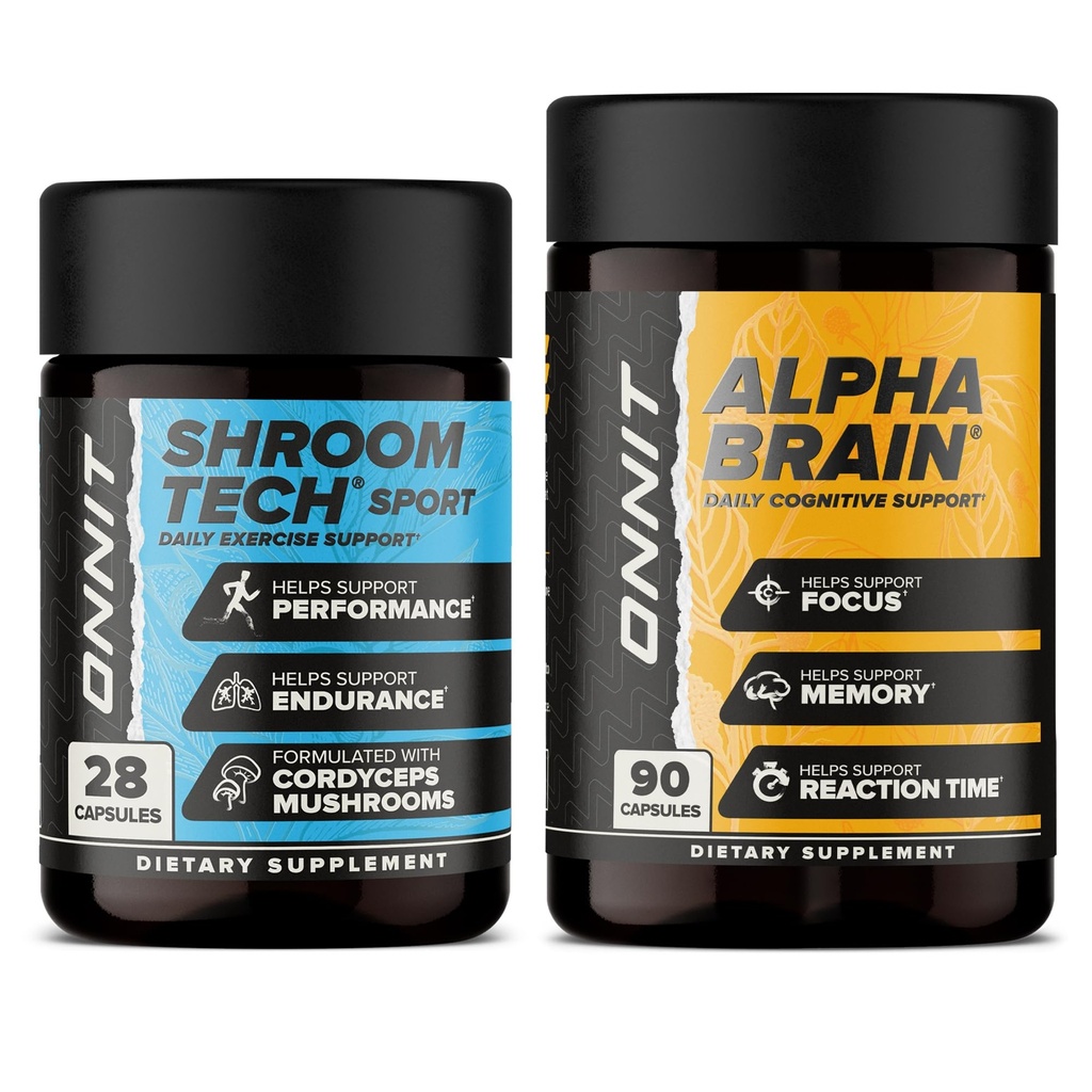 ONNIT Premium Alpha Brain Bundle - Nootrop Brain Supplement (90 Greve) for fokus, koncentration og hukommelse + Shroom Tech Sport til motion, energi og cardiovaskulær ydeevne (28 Greve)