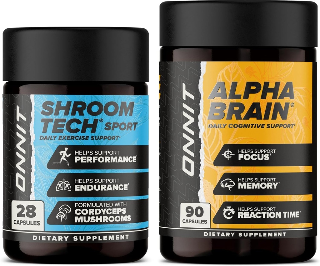 ONNIT Premium Alpha Brain Bundle - Nootrop Brain Supplement (90 Greve) for fokus, koncentration og hukommelse + Shroom Tech Sport til motion, energi og cardiovaskulær ydeevne (28 Greve)