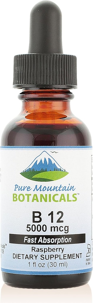 Pure Mountain Botanicals B12 vitamin 5000 mcg - Kosher B12 dråber i 1oz flaske med naturlige berry flavor
