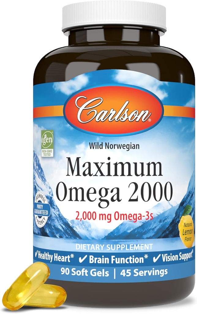 Carlson - Maksimum Omega 2000, 2000 mg Omega- 3s, Sund Hjerte, Brain Function & Vision Support, Lemon, 90 bløde geler