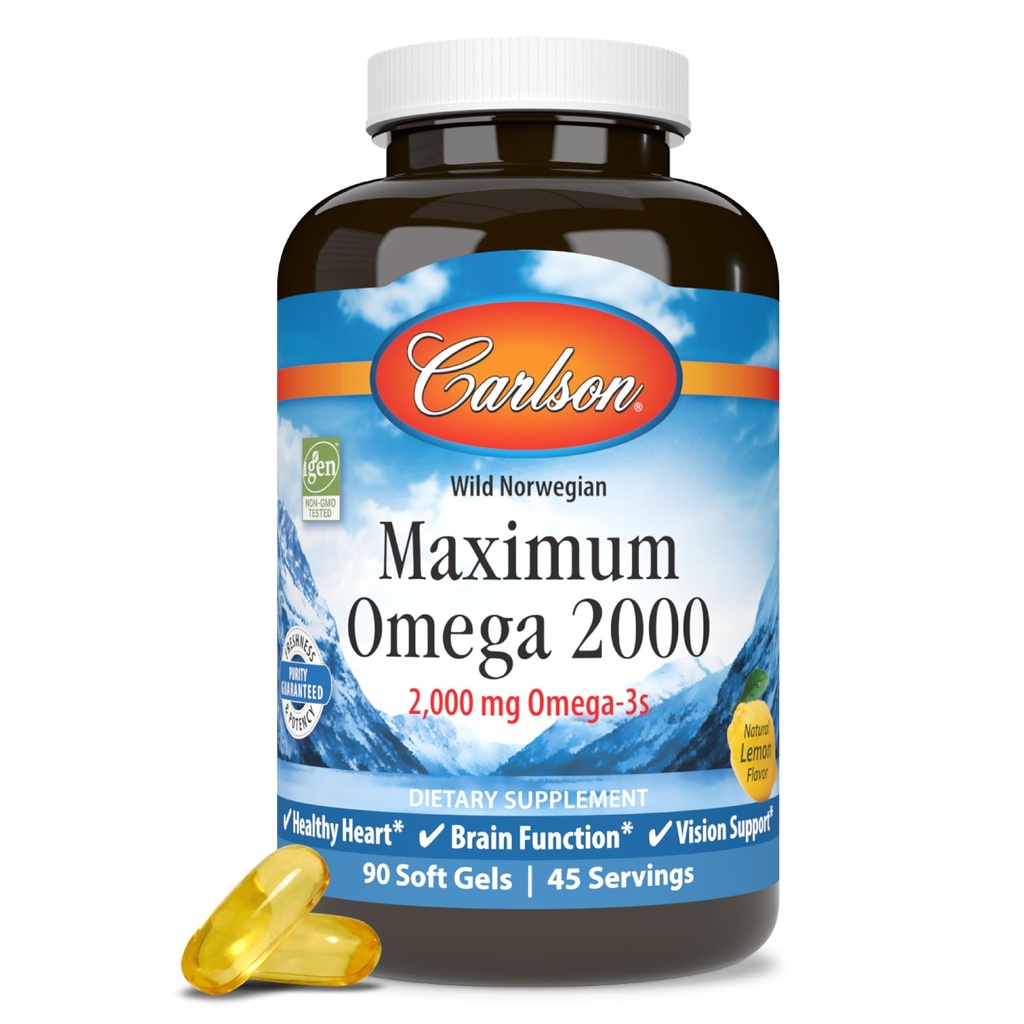 Carlson - Maksimum Omega 2000, 2000 mg Omega- 3s, Sund Hjerte, Brain Function & Vision Support, Lemon, 90 bløde geler