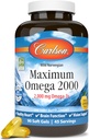 Carlson - Maksimum Omega 2000, 2000 mg Omega- 3s, Sund Hjerte, Brain Function & Vision Support, Lemon, 90 bløde geler