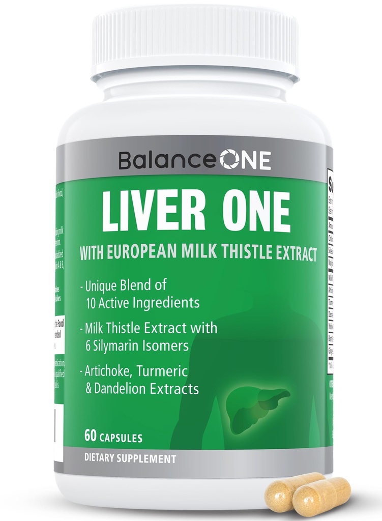 Balance One Lever Support Supplement med mælk tidsel ekstrakt, Mælkebøtte Root & Molybdæn - Natural Lever Cleanse, Reparation & Detox til mænd og kvinder - Veganske kapsler, 1 måneds forsyning - Lever én