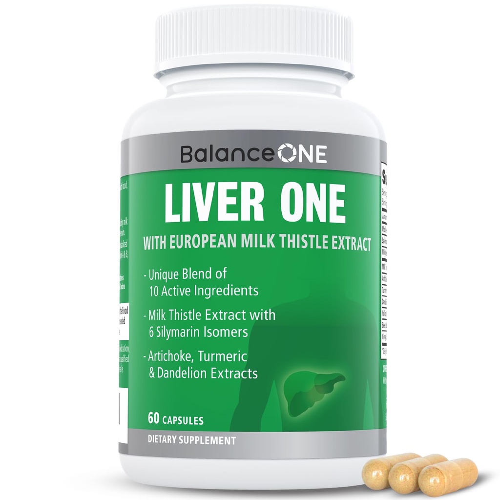Balance One Lever Support Supplement med mælk tidsel ekstrakt, Mælkebøtte Root & Molybdæn - Natural Lever Cleanse, Reparation & Detox til mænd og kvinder - Veganske kapsler, 1 måneds forsyning - Lever én