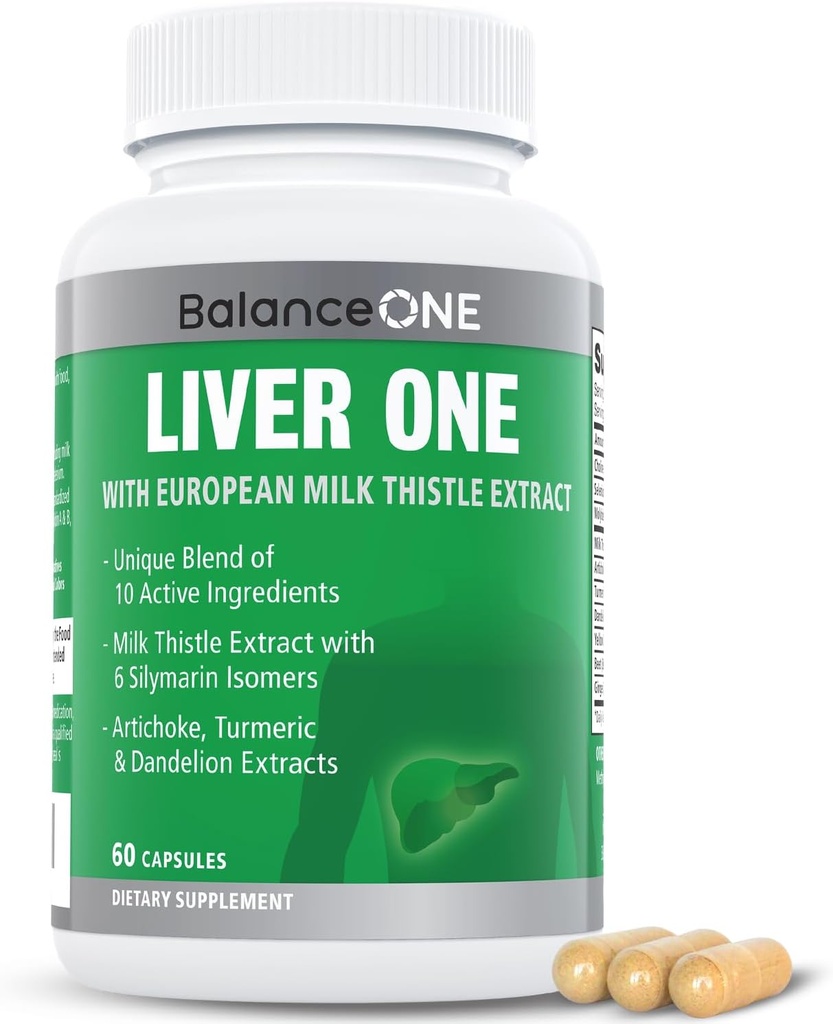 Balance One Lever Support Supplement med mælk tidsel ekstrakt, Mælkebøtte Root & Molybdæn - Natural Lever Cleanse, Reparation & Detox til mænd og kvinder - Veganske kapsler, 1 måneds forsyning - Lever én