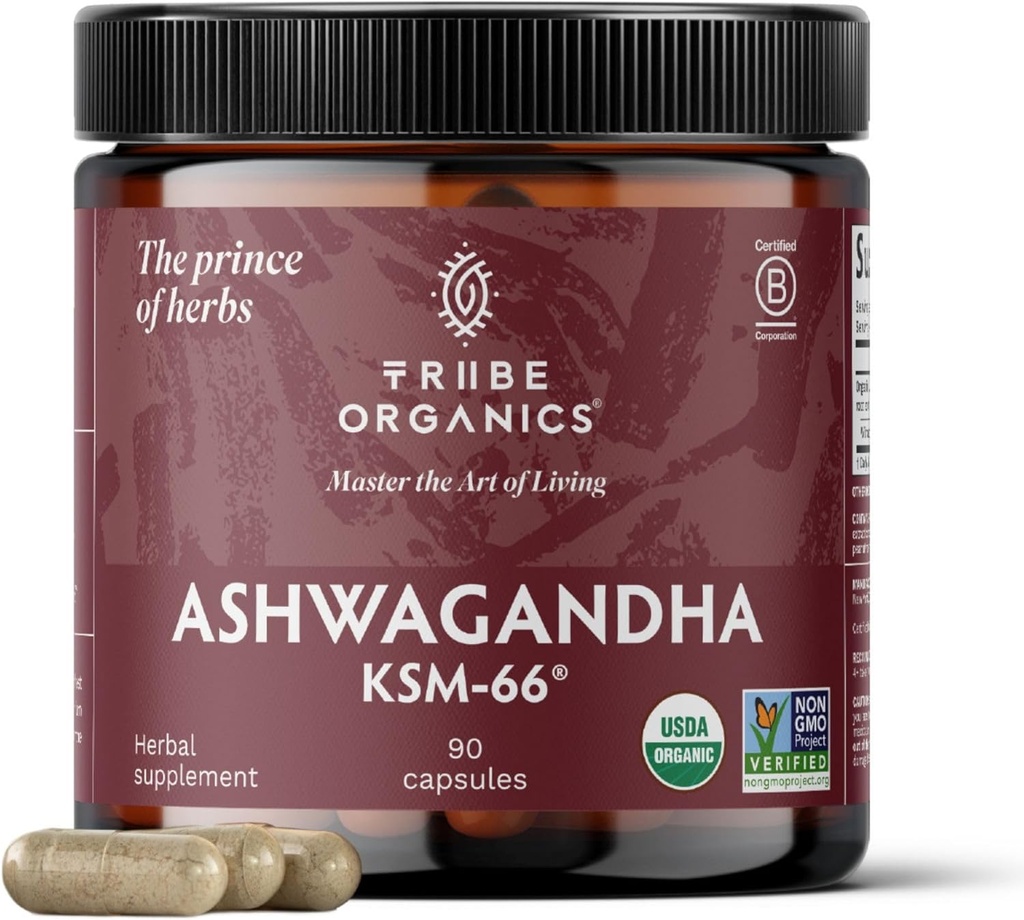 TRIBE ORGANICS Ashwagandha KSM 66 Pure Organic Root Powder Extract Ayurvedic Supplement - Focus Mood Support Øge energi styrke 600mg naturlige KSM66 for Superior Absorption - 90 kapsler