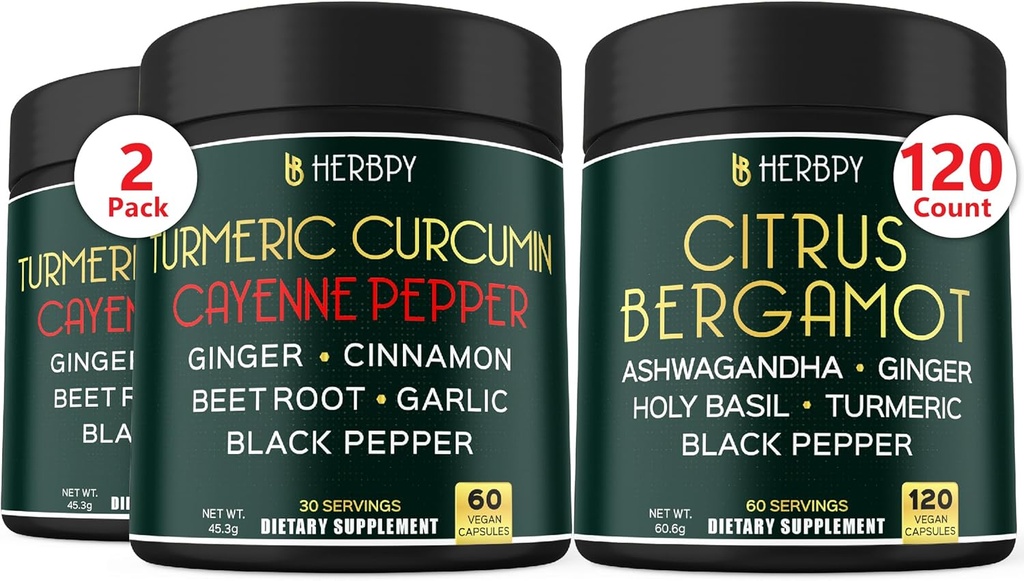 Bundle 2- Pack 7in1 Curcumin Supplement & 6in1 Citrus Bergamot supplement til fordøjelse, afslapning, hjerte sundhed & immunforsvar