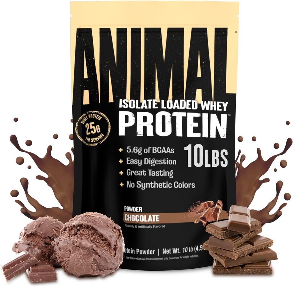 Animal Whey Isolate Protein Powder - Loaded for Pre & Post Workout Muscle Builder og Inddrivelse med fordøjelige enzymer til mænd og kvinder - 25g Protein, Great Smag, Lavsukker - Chokolade 10 lbs