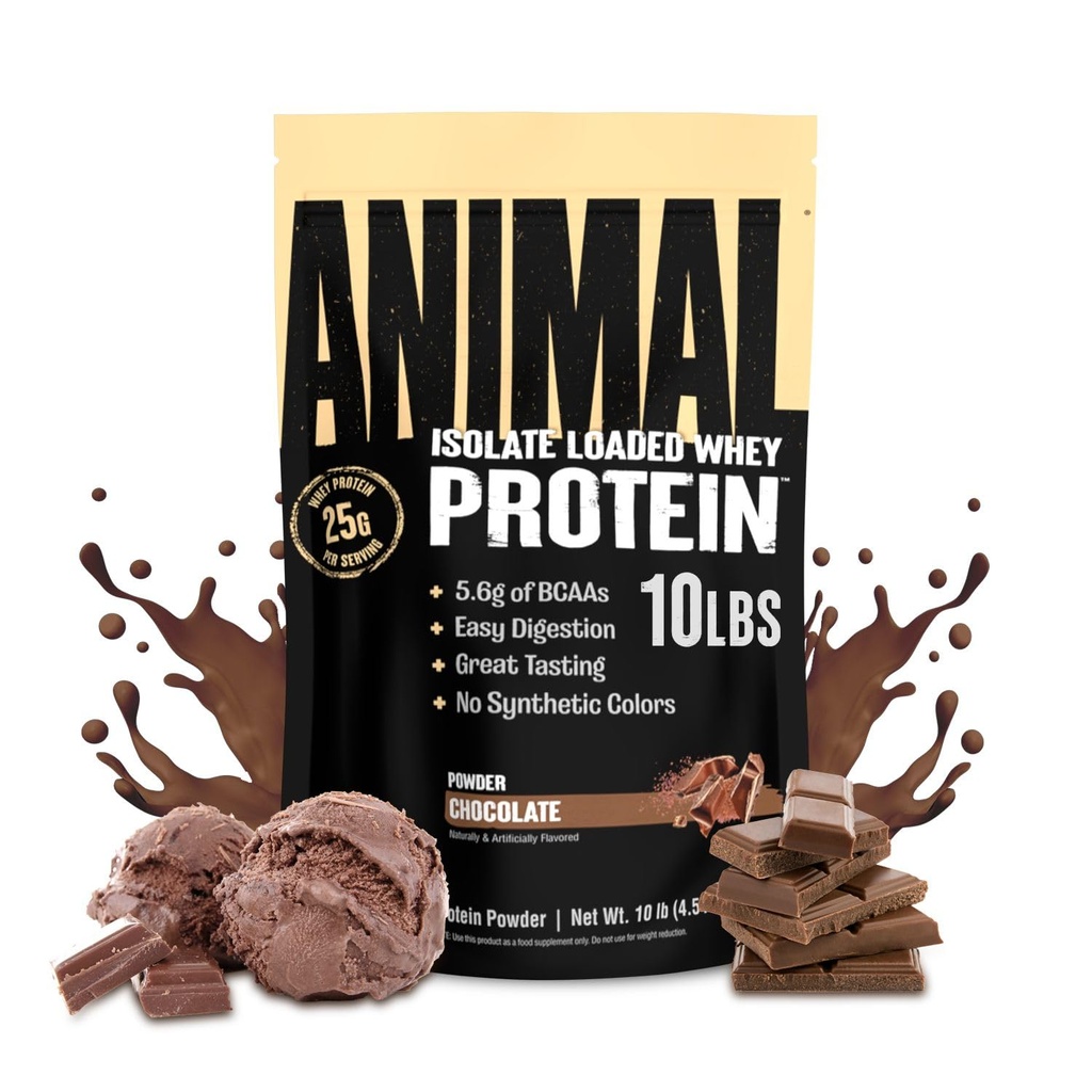 Animal Whey Isolate Protein Powder - Loaded for Pre & Post Workout Muscle Builder og Inddrivelse med fordøjelige enzymer til mænd og kvinder - 25g Protein, Great Smag, Lavsukker - Chokolade 10 lbs