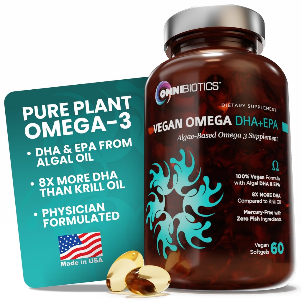 OmniBiotics Vegan Omega 3 DHA EPA tillæg - MD-Certified Prenatal tillæg med 8X mere DHA end krill olie, Fish- Free, Non- GMO - 60 Vegan kapsler