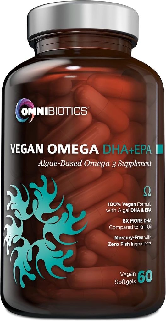 OmniBiotics Vegan Omega 3 DHA EPA tillæg - MD-Certified Prenatal tillæg med 8X mere DHA end krill olie, Fish- Free, Non- GMO - 60 Vegan kapsler