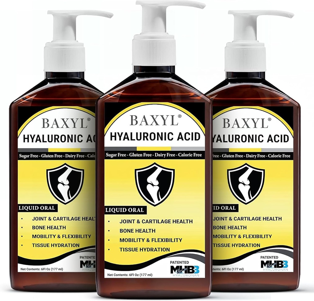 BAXYL Flydende hyaluronsyre supplement - Naturlig citronsyre, Kaliumsorbatingredienser Formuleret Flavorless Syrup - Giv sund brusk & ben formering - 3 flasker af 6 Fl Oz