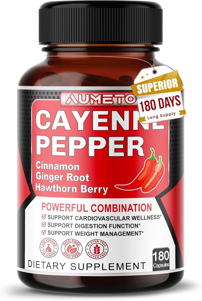 Cayenne Pepper Capsules - Ultra Complex with Cinnamon, Ginger, Cardamom, Hawthorn Berry - Support Digestion, Circulation & Overall Wellness (180 Count (Pack of 1))