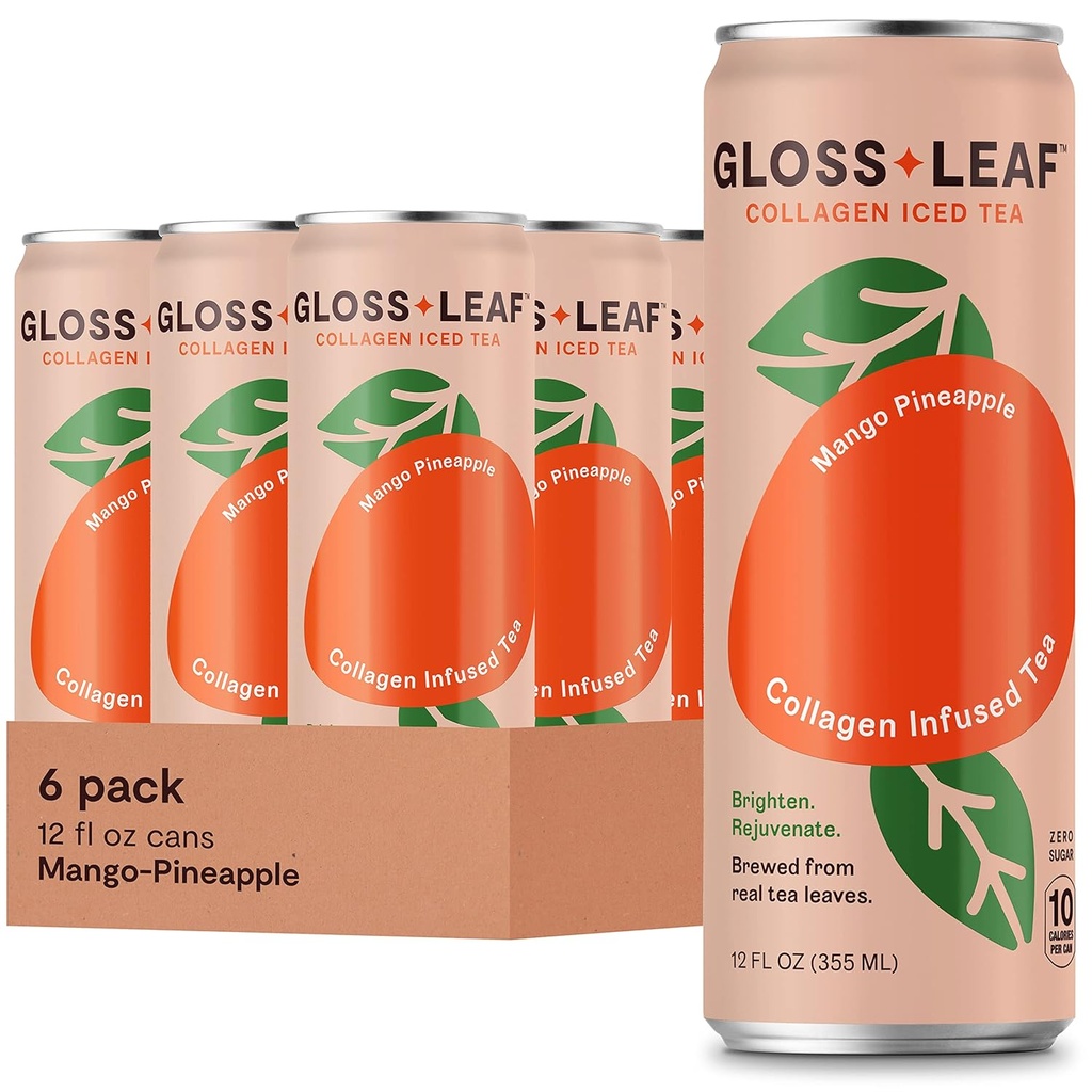 Gloss Leaf Collagen Iced Tea (Zero- Sukker, Mango- Ananas): Brygget Sort Tea med Collagen Peptider Protein & C-vitamin, Skønhed & Anti- Aging, 12 Fl Oz, 6 Pack