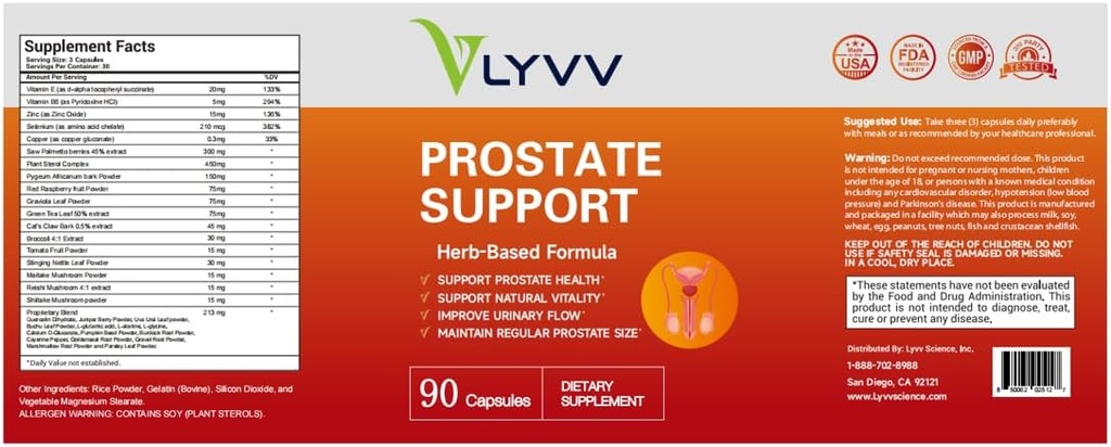 Lyvv Prostata støtte med Saw Palmetto, Plant Sterol, Zink Selenium Copper og mere til Prostata sundhed og urinveje, 90 capsuels