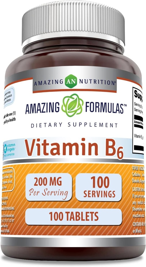 Amazing Formulas Vitamin B6 Pyridoxin 200mg 100 tabletter Supplement 124; Non- GMO