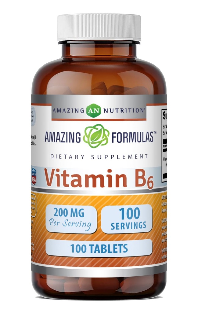 Amazing Formulas Vitamin B6 Pyridoxin 200mg 100 tabletter Supplement 124; Non- GMO