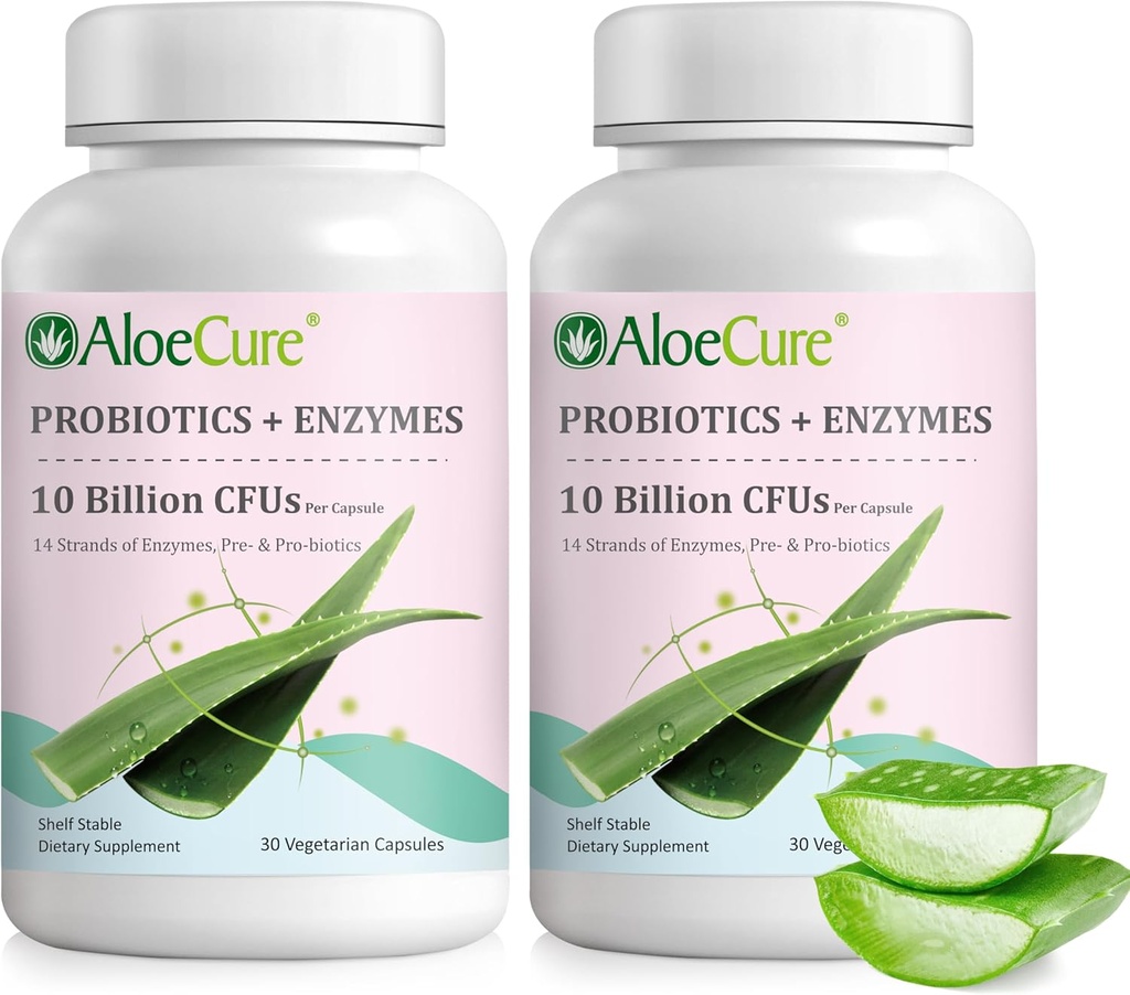 AloeCure Daglig Probiotika 10 Millioner CFU til fordøjelsesstøtte 8 Stammer, 6 Prebiotika & enzymer - fordøjelsestillæg med bromelain for kvinder & mænd - Gut support, fordøjelsesbesvær, 30 Caps x 2btls