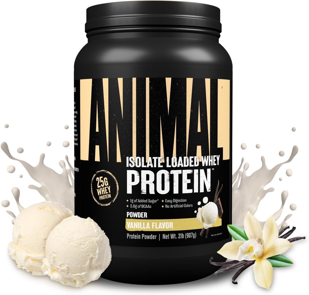 Animal Whey Isolate Protein Powder - Loaded for Pre & Post Workout Muscle Builder og Inddrivelse med fordøjelige enzymer til mænd og kvinder - 25g Protein, Great Smag, Lavsukker - Vanilla 2 lbs