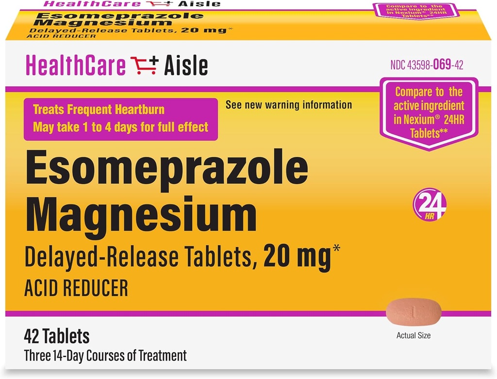 HealthCareAisle Esomeprazol Magnesium Delayed- Release Tablets, 20mg - 42 Greve - Acid Reducer, Giver Heartburn Relief