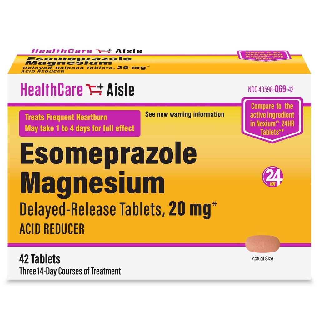 HealthCareAisle Esomeprazol Magnesium Delayed- Release Tablets, 20mg - 42 Greve - Acid Reducer, Giver Heartburn Relief